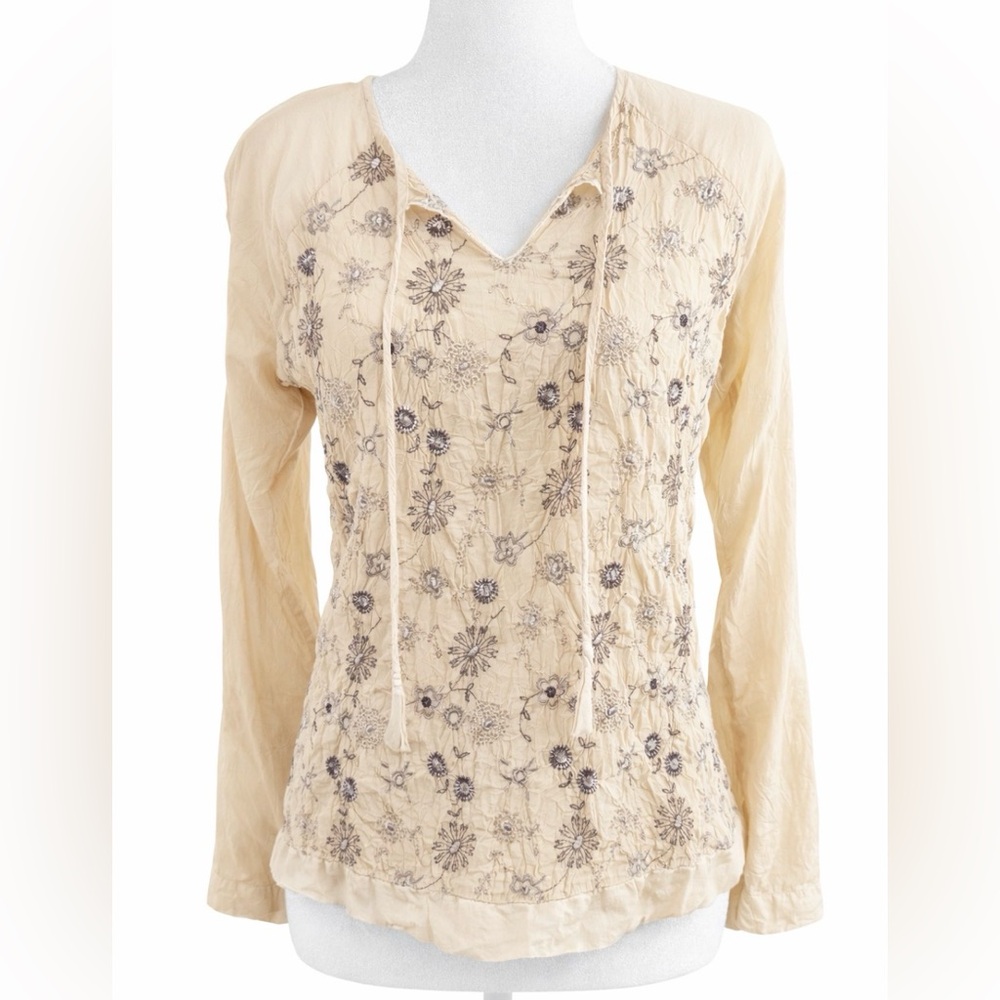 Johnny Was Embroidered Cream Taupe Blouse Boho Chic Size S